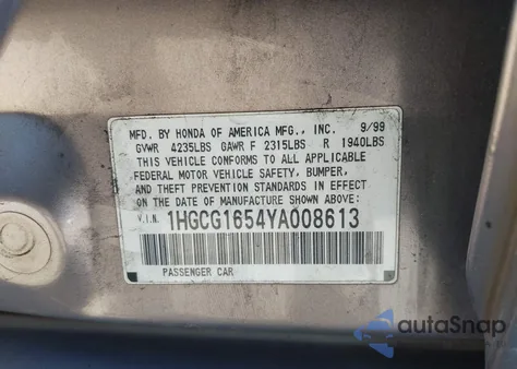 2000 Honda Accord 3.0 Ex z USA, uszkodzony, nr VIN 1HGCG1654YA008613